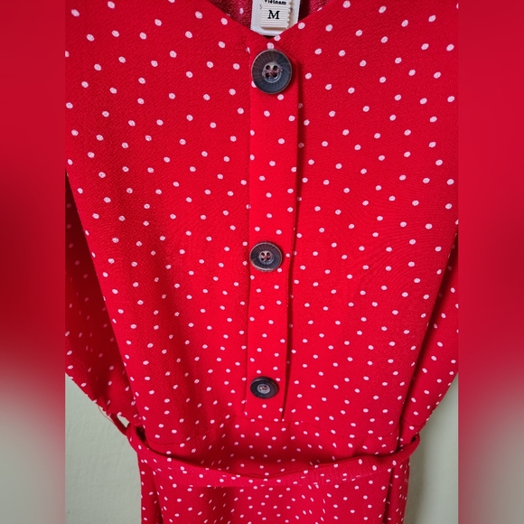 Monteau LA Women's Medium Red Polka Dot Puff Sleeve Faux Button Midi Dress w Tie - Picture 8 of 11